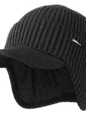 Unisex Slate Grey Lined Knit Beanie Brim Ear Flaps Winter Classic Stocking Cap